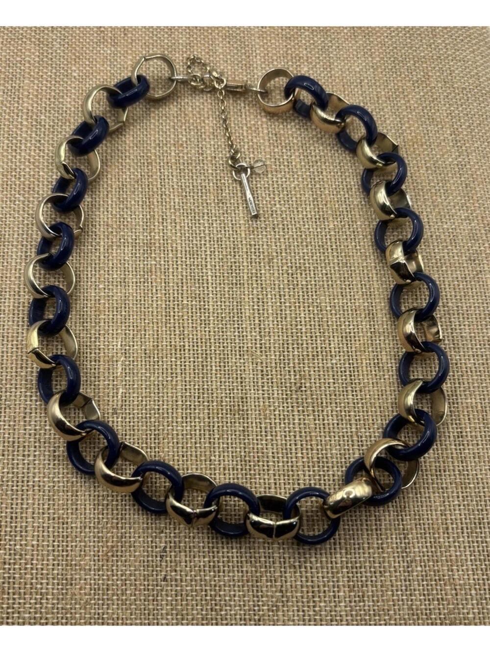 KENNETH COLE New York Signed Gold Tone & Navy Blue Chain Link Necklace